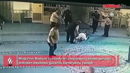 Bodrum'da bir vatandaşın camide namaz sonrası bayılması kameraya yansıdı