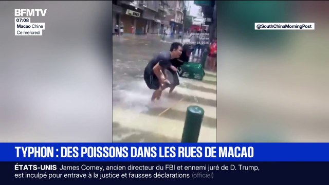 Typhon Ragasa: les habitants de Macao en Chine pêchent des poissons à mains nues dans les rues inondées