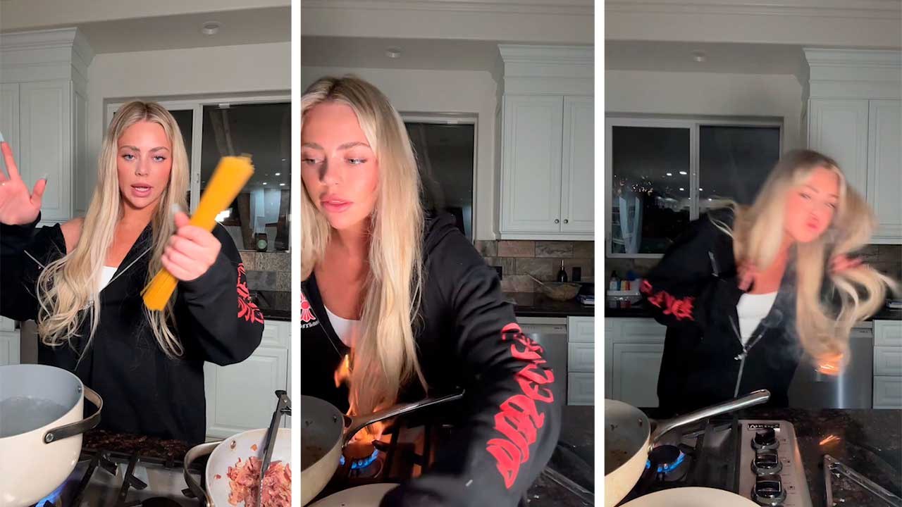 Video: I capelli di una star di Love Island prendono fuoco mentre cucina la pasta