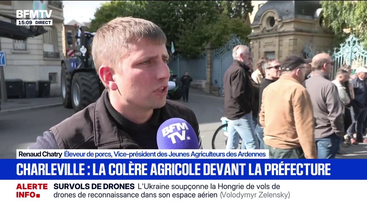 Mobilisation agricole: "On n'arrive pas à se faire entendre et c'était l'objectif aujourd'hui", assure Renaud Chatry, éleveur de porcs, devant la préfecture des Ardennes à Charleville-Mézières