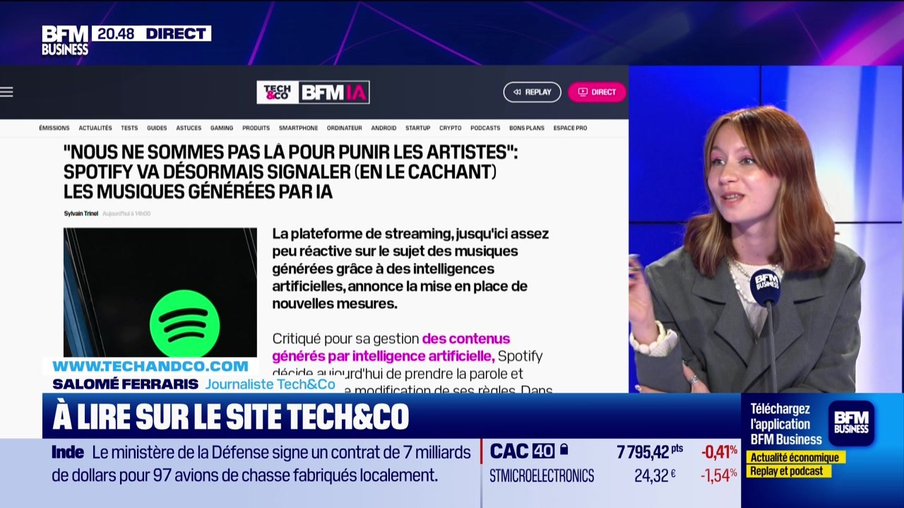 À lire sur le site Tech&Co : "Nous ne sommes pas là pour punir les artistes": Spotify va désormais signaler (en le cachant) les musiques générées par IA, par Salomé Ferraris - 25/09