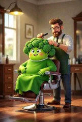 brocoli go to the barbar shop for hair cut