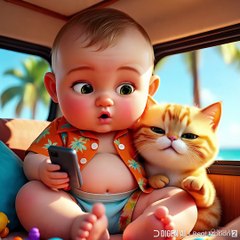 Mobile use  baby and cat