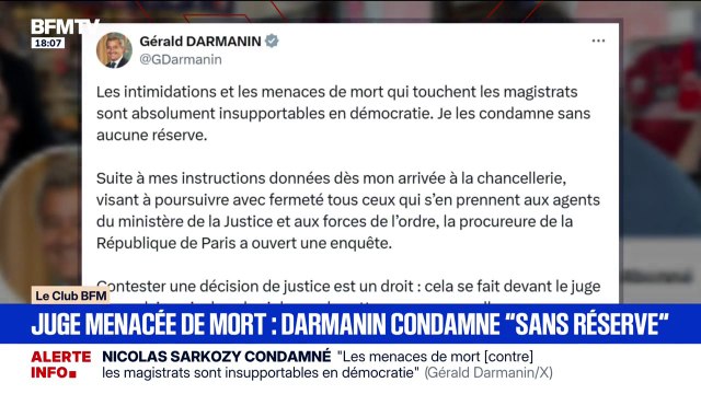 Sur X, Gérald Darmanin condamne sans aucune réserve les menaces de mort contre la présidente du tribunal après la condamnation de Nicolas Sarkozy