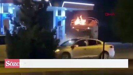 Alev alan kamyonet, girdiği akaryakıt istasyonunda söndürüldü