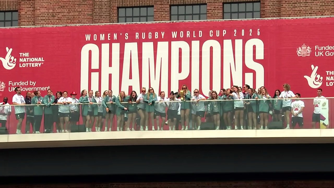 Red Roses lift Rugby World Cup trophy at victory party