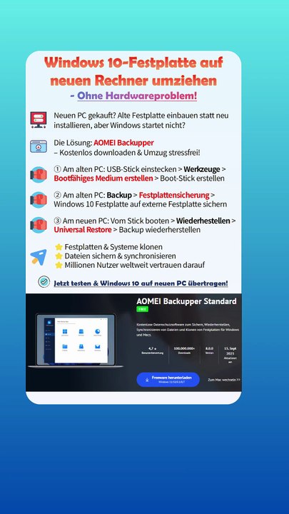 Windows 10 Festplatte auf neuen Rechner umziehen – ohne Neuinstallation! 💾💻