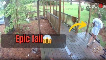 Woman slips and falls back-first on slippery steps after rainfall