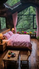 Resort Bedroom with Pink Bedding.