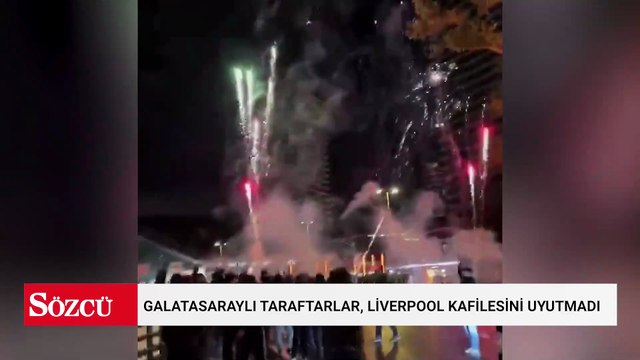 Galatasaraylı taraftarlar, Liverpool kafilesinin kaldığı otelin önünde havai fişek patlattı