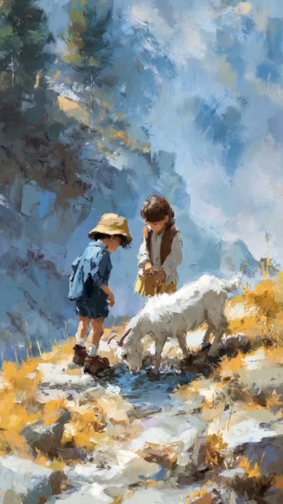 children playing with goat in mountain