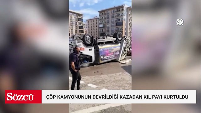 Bursa'da bir kişinin çöp kamyonunun devrildiği kazadan kıl payı kurtulması kamerada