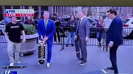 Pete Hegseth accidentally flipping a skateboard into his nuts on live TV - VIDEO