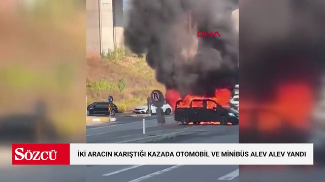 Pendik'te iki aracın karıştığı kazada otomobil ve minibüs alev alev yandı