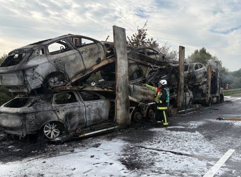 Smokes rises from M5 car transporter fire