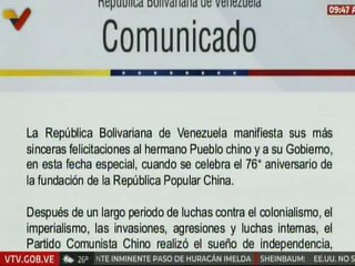 Venezuela felicita a China en su 76º aniversario con un mensaje de hermandad y reconocimiento