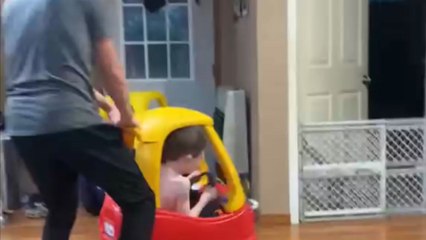 Little boy flies off after top of his Little Tikes comes loose