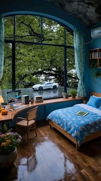 Resort Bedroom with Blue Walls, Wooden Bed, Rainy Day Views, Wind, Tulips, Vacations