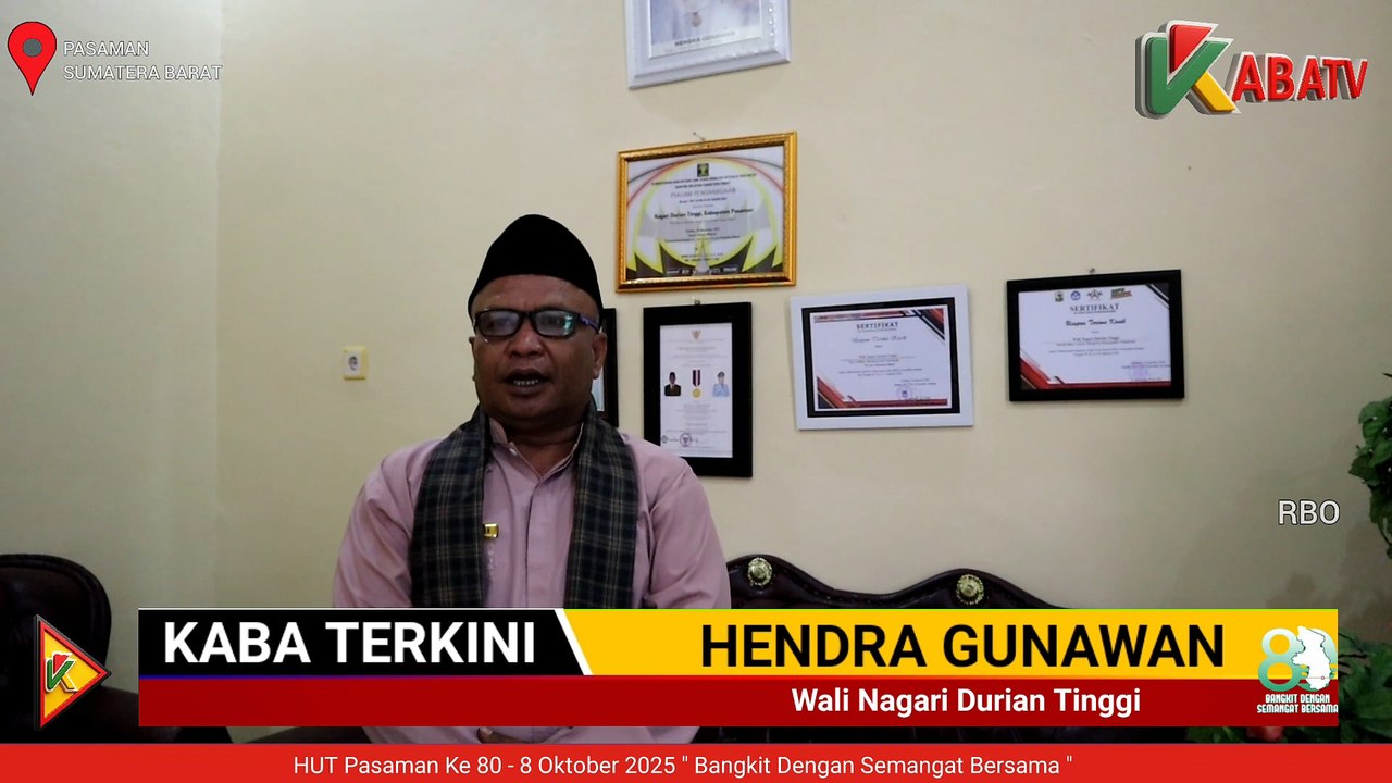 HENDRA GUNAWAN WALI NAGARI DURIAN TINGGI MENGUCAPKAN SELAMAT HUT PASAMAN KE 80