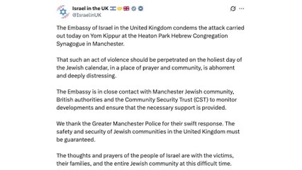 Israeli embassy in London condemns synagogue attack in Manchester