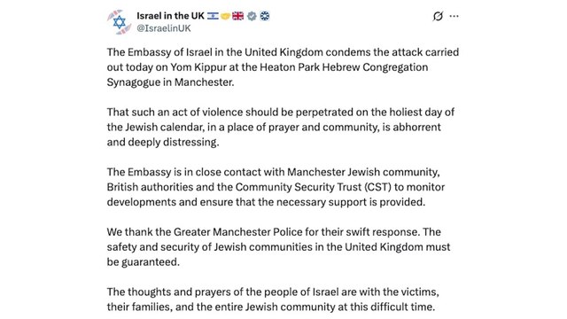 Israeli embassy in London condemns synagogue attack in Manchester