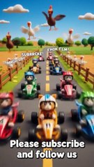 A group of cats wearing racing helmets driving colorful go-karts on a country road.