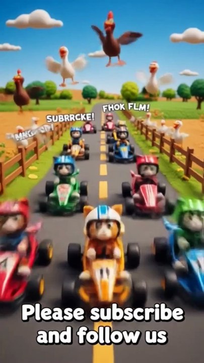 A group of cats wearing racing helmets driving colorful go-karts on a country road.