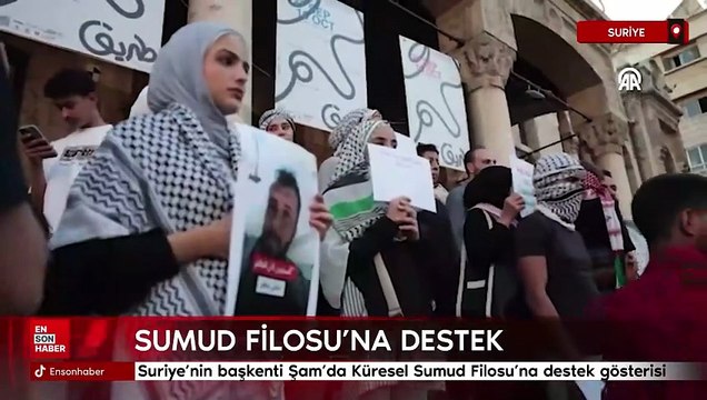 Suriye'nin başkenti Şam'da Küresel Sumud Filosu'na destek gösterisi