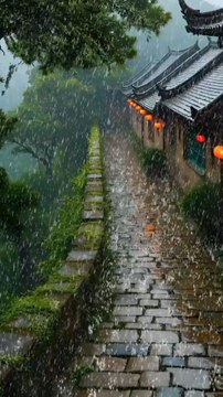 Rainy Brick Path, Misty Resort Walkway.