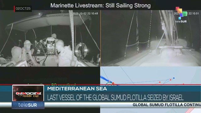 Mediterranean Sea, last vessel of the Global Sumud Flotilla seized by Israeli forces