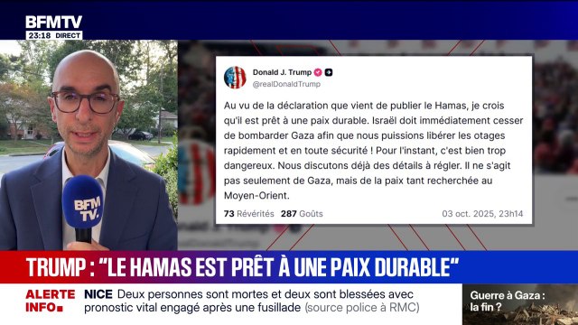 Donald Trump déclare sur Truth Social que le Hamas est prêt à une paix durable et demande à Israël de cesser immédiatement les bombardements à Gaza