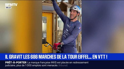 VTT: le Français Aurélien Fontenoy gravit les 688 marches de la tour Eiffel en vélo