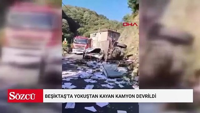 Beşiktaş'ta yokuştan kayan kamyon devrildi