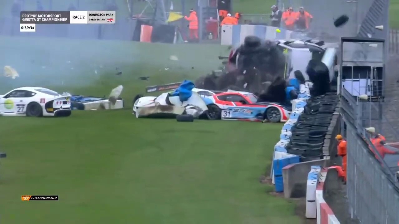 Ginetta Protyre 2025 Donington Race 2 Start Massive Crash Pile UP