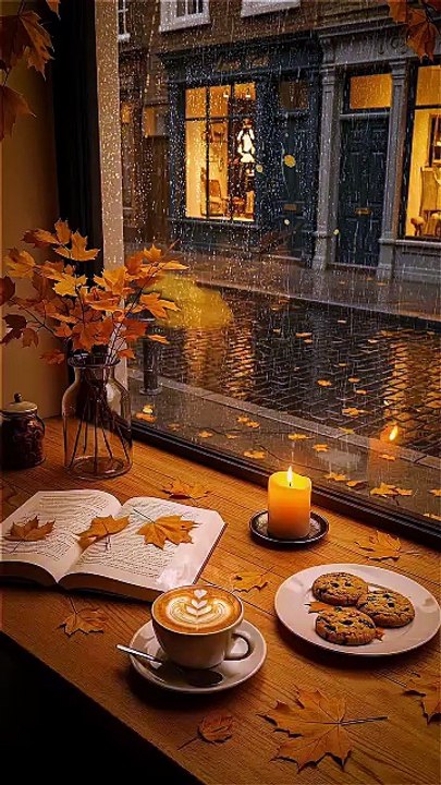 Rain on the glass, latte steam on the sill.⠀⠀⠀⠀Open book with maple leaves, candle glow, and a p