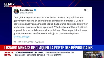 "Il est impossible pour moi de rester vice-président" des LR: David Lisnard, menace de claquer la porte des Républicains, "si la participation au gouvernement est confirmée"