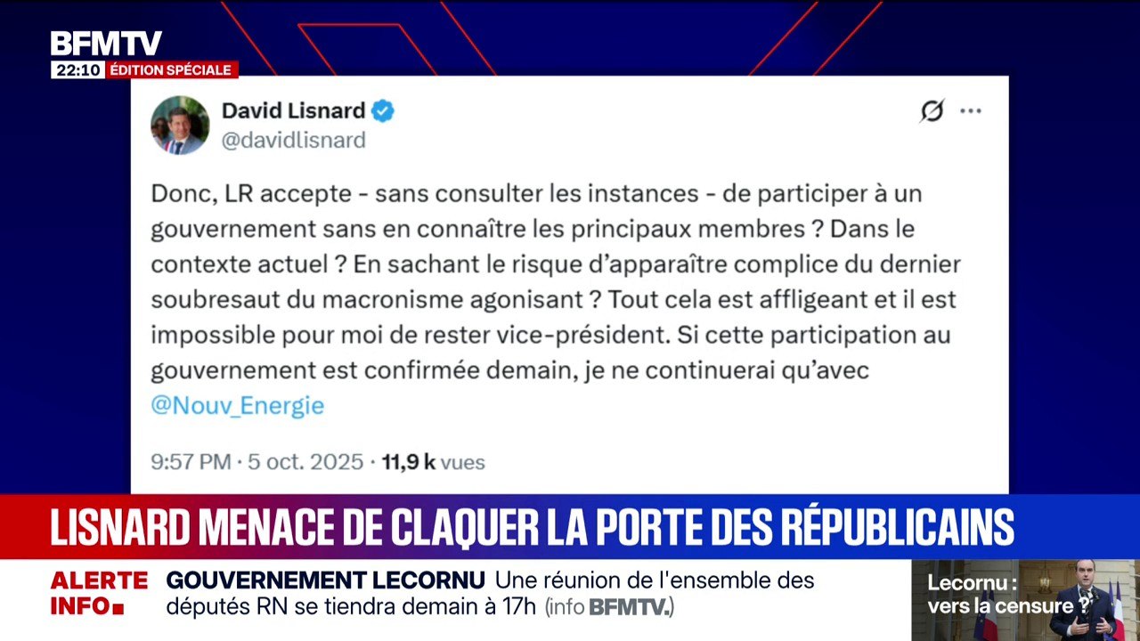 "Il est impossible pour moi de rester vice-président" des LR: David Lisnard, menace de claquer la porte des Républicains, "si la participation au gouvernement est confirmée"