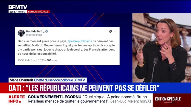 Dans un moment grave pour le pays, les Républicains ne peuvent pas se défiler : Rachida Dati, ministre de la Culture reconduite dans le gouvernement de Sébastien Lecornu, réagit sur X
