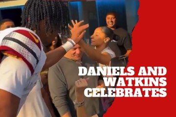 Jayden Daniels celebrates victory with JuJu Watkins
