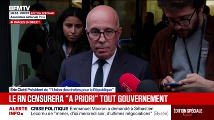 Crise politique après la démission de Sébastien Lecornu: "Aucun gouvernement ne bénéficiera de notre soutien", déclare estime Éric Ciotti, président de l'UDR