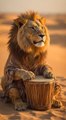 Lion play drums in desert