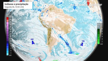 Previsão de pressão, nebulosidade e chuva até quarta-feira (08).
