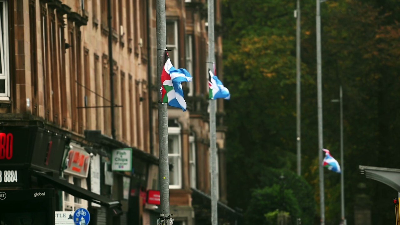 Glasgow- 'combined' Scottish-Palestinian flags have appeared on lampposts on the city's Victoria Road on the Southside.