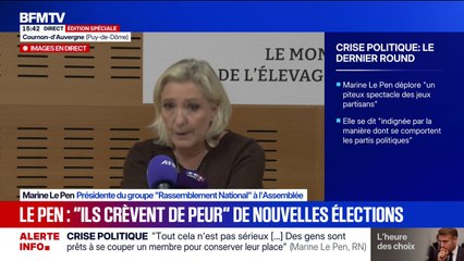 "Il n'y a que l'arbitrage des Français pour retrouver une direction politique", assure Marine Le Pen qui parle d'une dissolution "incontournable"