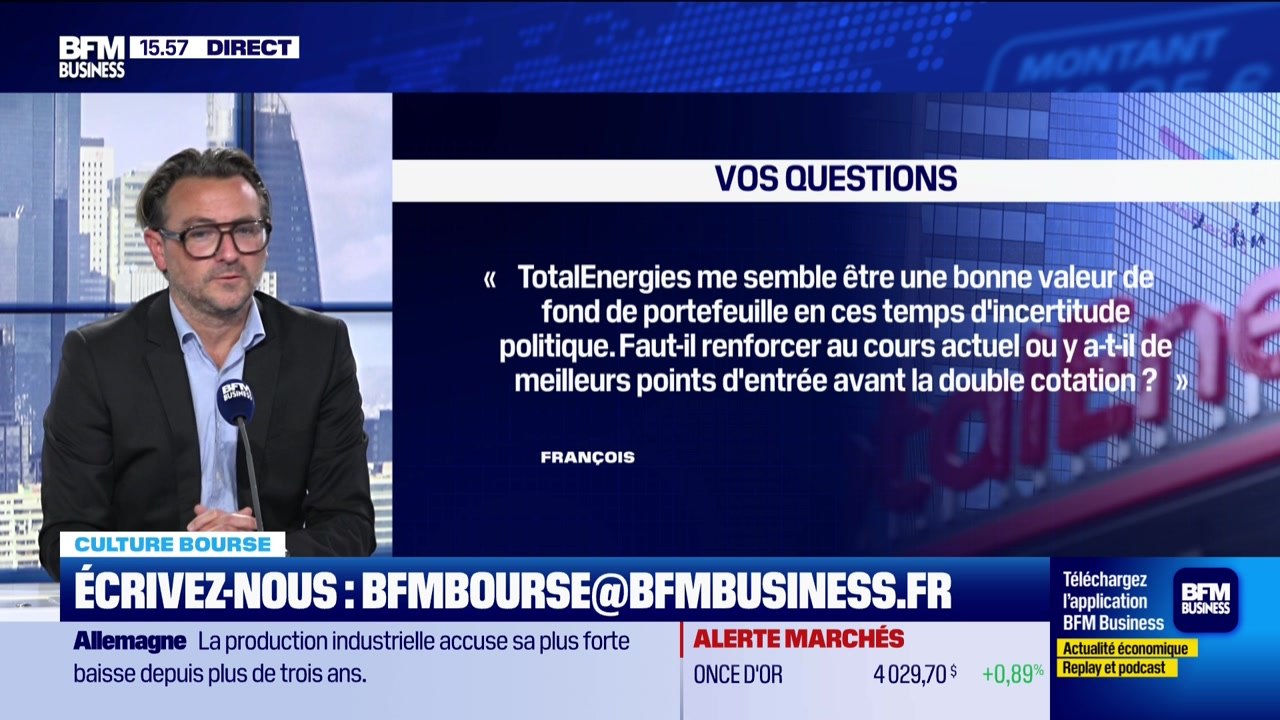 Culture Bourse : « TotalEnergies semble être une bonne valeur de fond de portefeuille. Faut-il renforcer au cours actuel ou y a-t-il de meilleurs points d'entrée avant la double cotation aux États-Unis et à Paris ? », par Julie Cohen-Heurton - 08/10