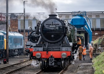 Flying Scotsman arrives at Barrow Hill Roundhouse from York for Railway 200 anniversary event
