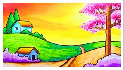 Drawing & Coloring Sunset in  a Beautiful Village Scenery