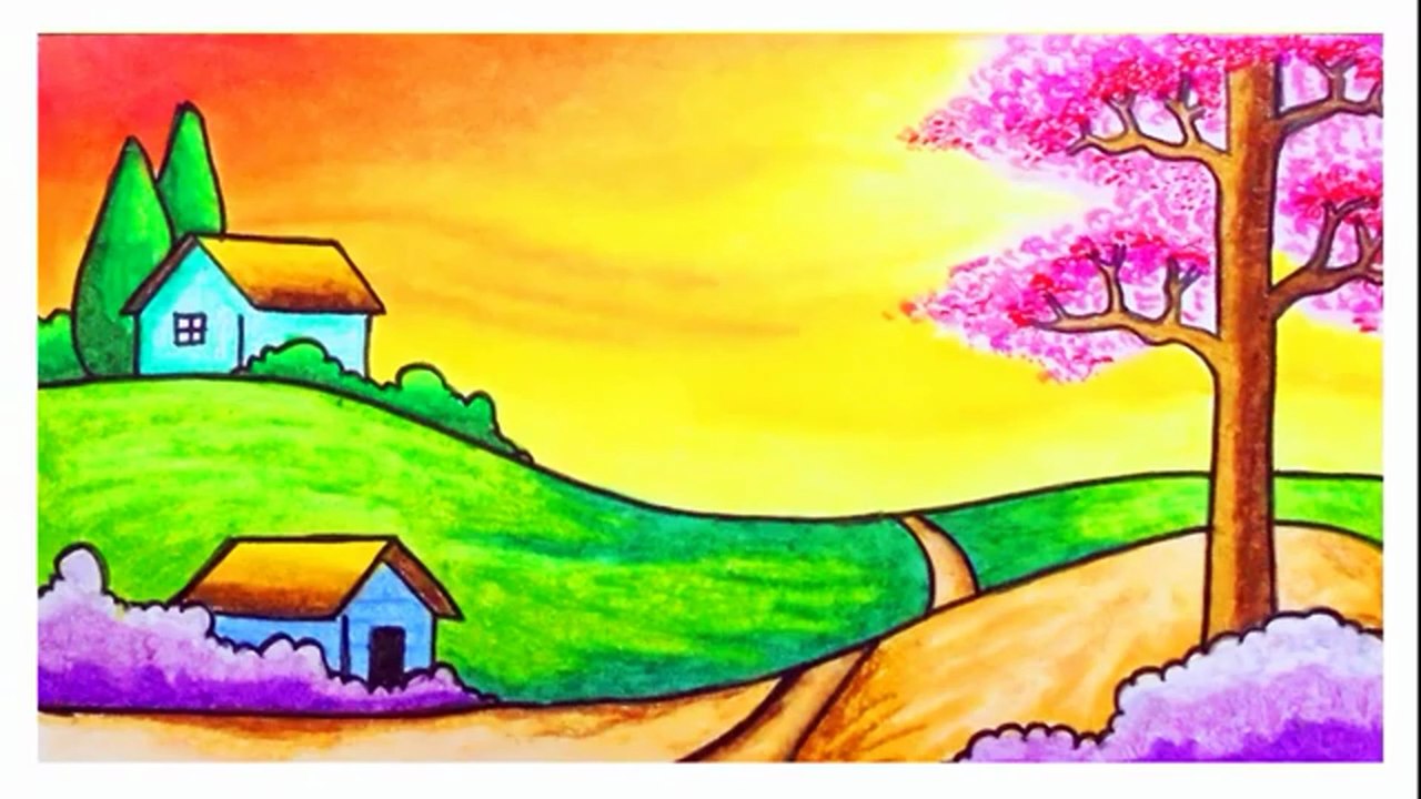Drawing & Coloring Sunset in  a Beautiful Village Scenery