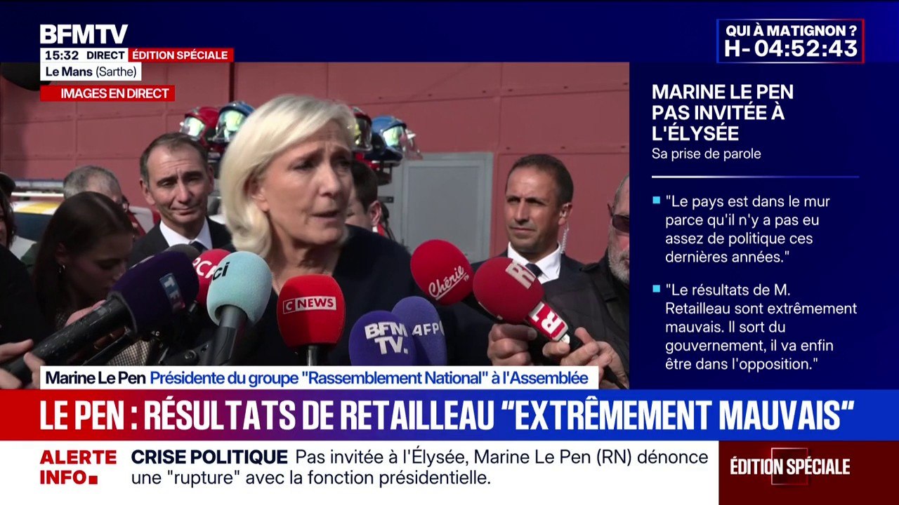 Départ de Bruno Retailleau: "Il n'a pas été bon dans les missions qui lui ont été confiées, il a été terriblement décevant", affirme Marine Le Pen (RN)
