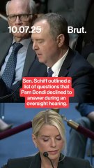 Sen. Schiff lists questions Attorney General Bondi refused to answer.